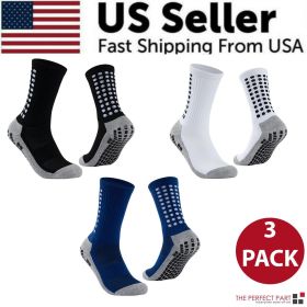 3 Pair Sport Socks Anti Slip W/ Grip Soccer Men Football Basketball Sock Premium (Color: Black + White + Blue, Sock Size: Mens 6-12, Women 7-13)
