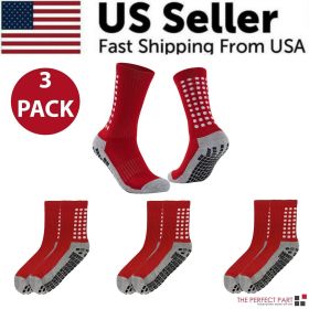3 Pair Sport Socks Anti Slip W/ Grip Soccer Men Football Basketball Sock Premium (Color: Red, Sock Size: Mens 6-12, Women 7-13)